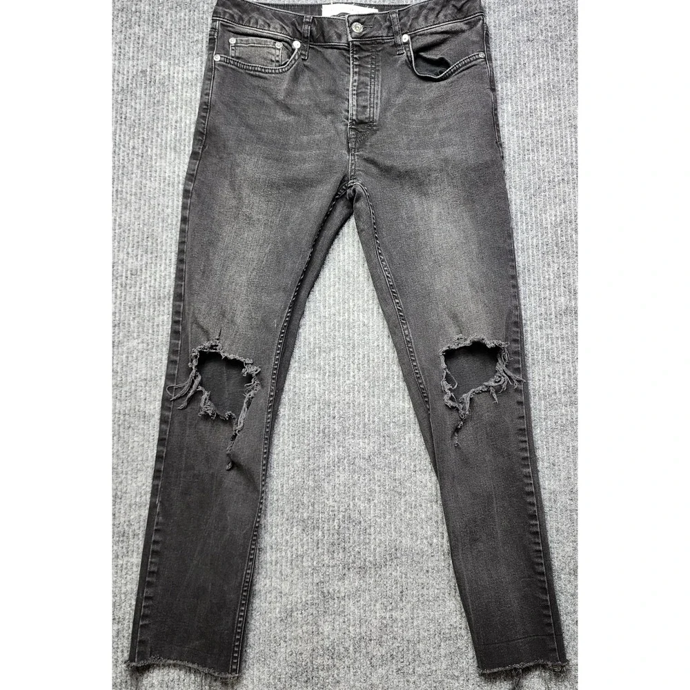Topman Mens Stretch Skinny Distressed Jeans Washed Black W32 L32 Button Fly